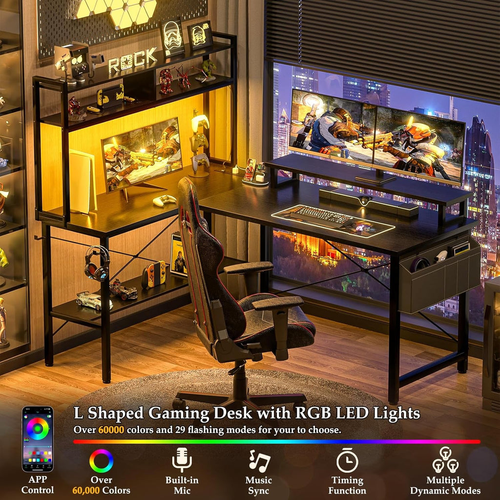 L-Shaped Gaming Desk With Power Outlets Monitor Stand
