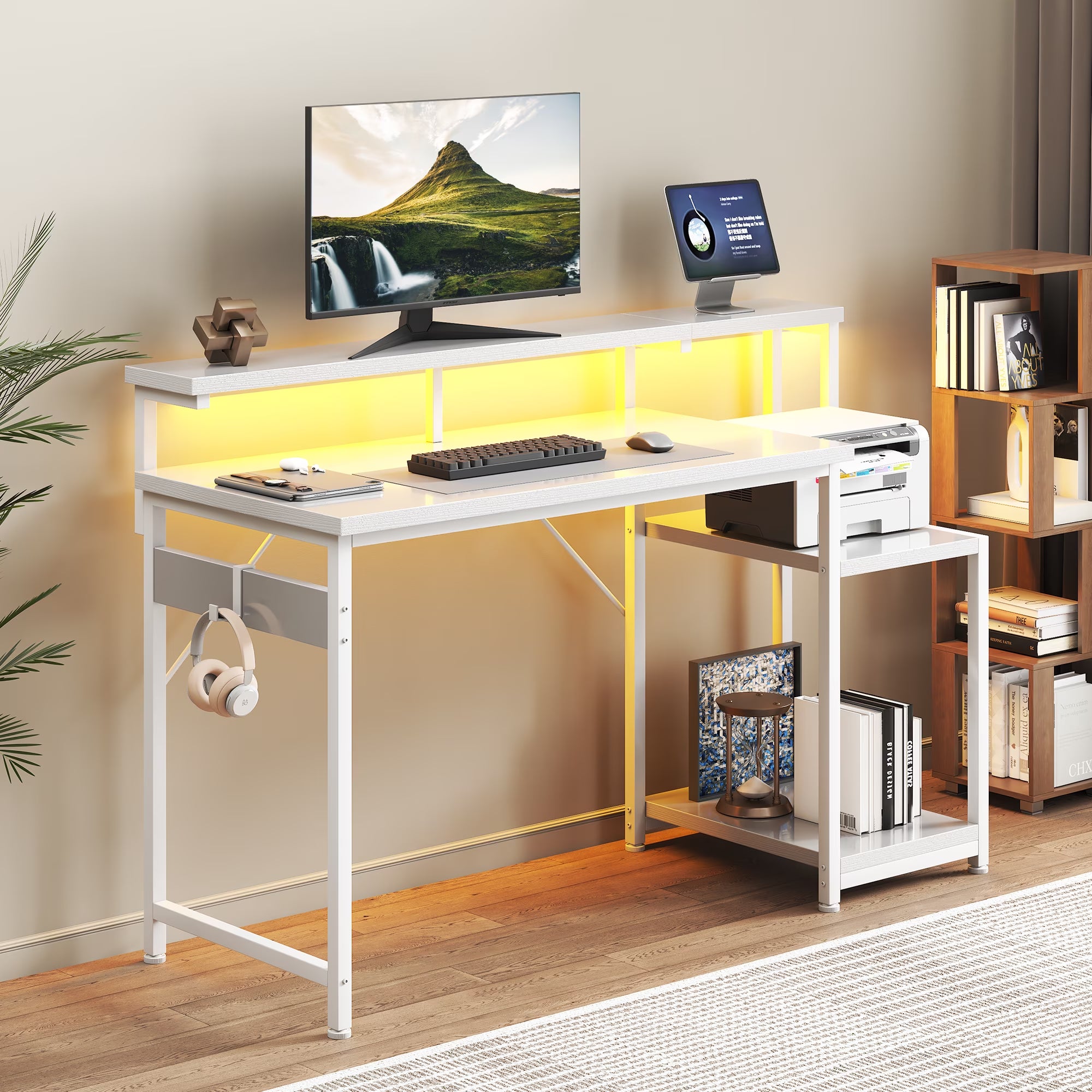 48 Inch Computer Desk with Monitor Stand & LED Lights, Home Office Desk with Adjustable Storage Shelf & CPU Stand, White
