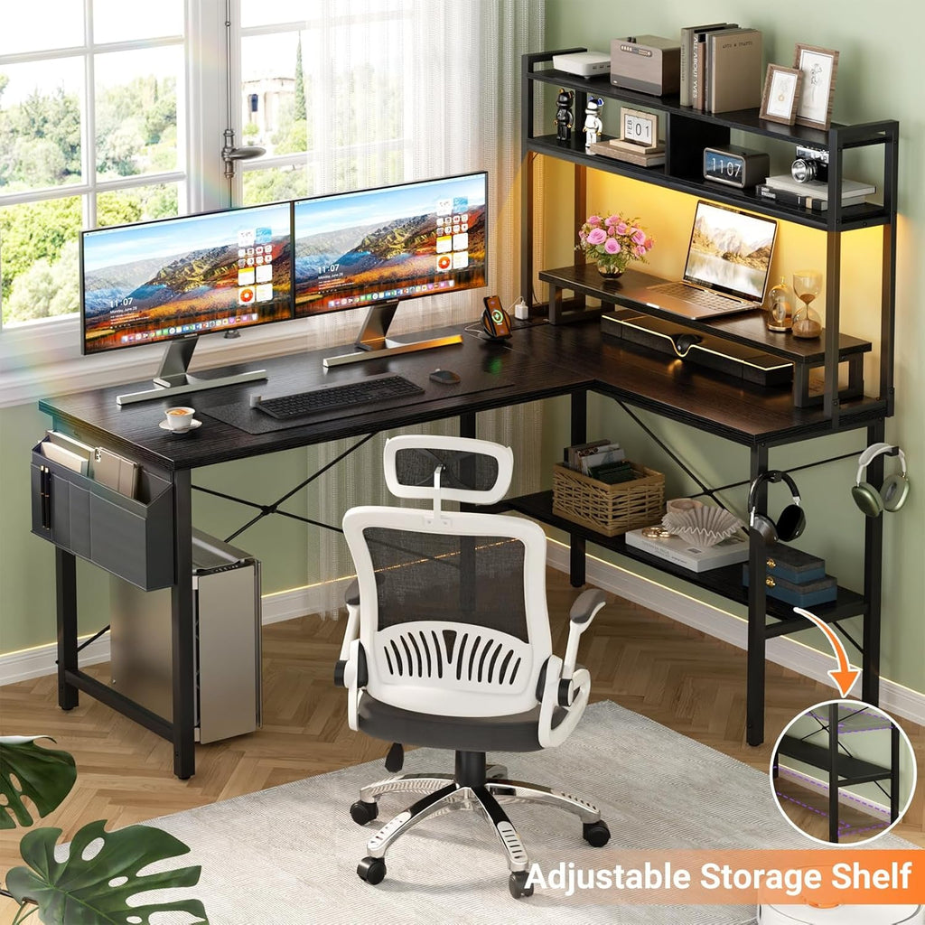 L-Shaped Gaming Desk With Power Outlets Monitor Stand