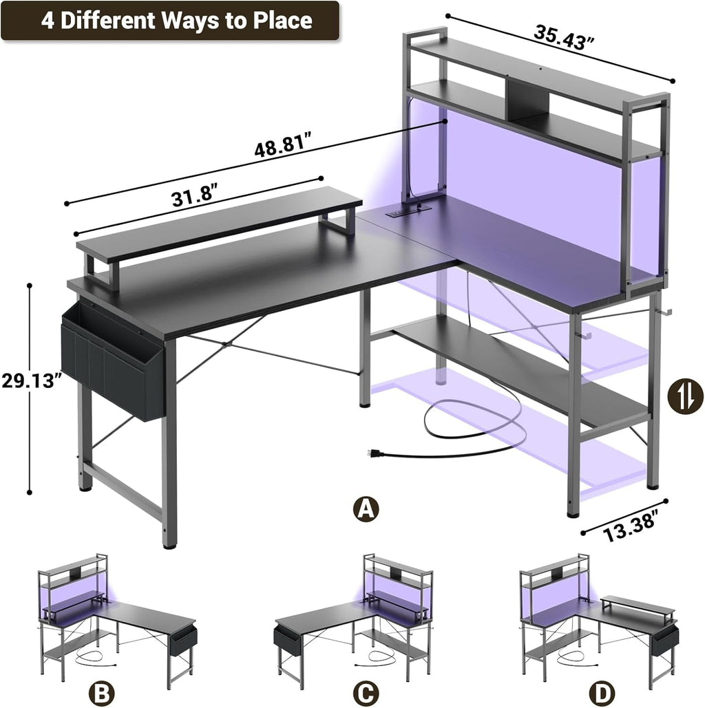 L-Shaped Gaming Desk With Power Outlets Monitor Stand