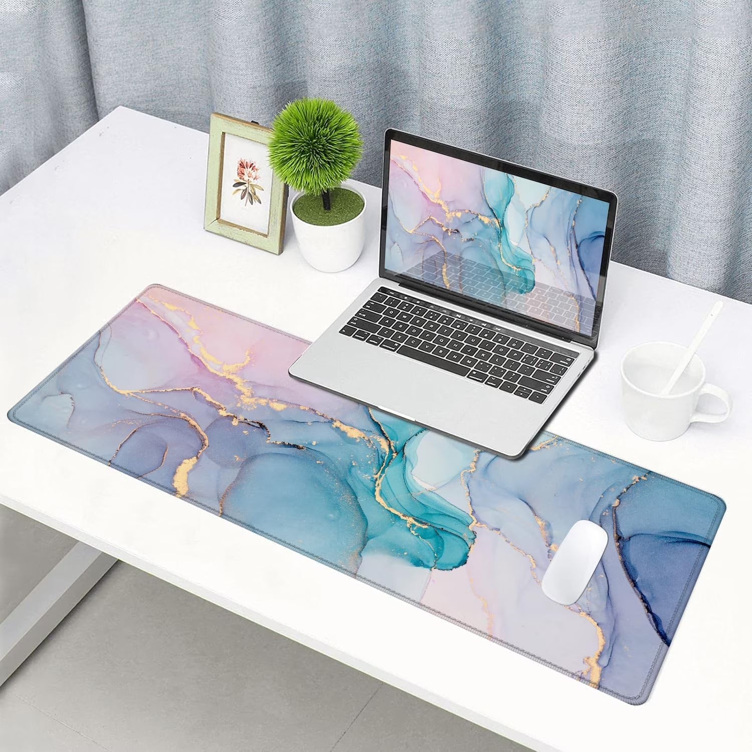 Large Gaming Mouse Pad with Stitched Edges, Blue Marble Desk Mat, Extended XL Keyboard Pad, Non-Slip Rubber Base Desk Pad for Keyboard and Mouse, 31.5X11.8 Inch