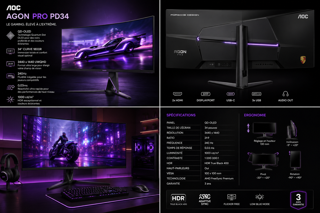 AOC Porsche PD34 34" OLED Curved Gaming Monitor – 3440x1440