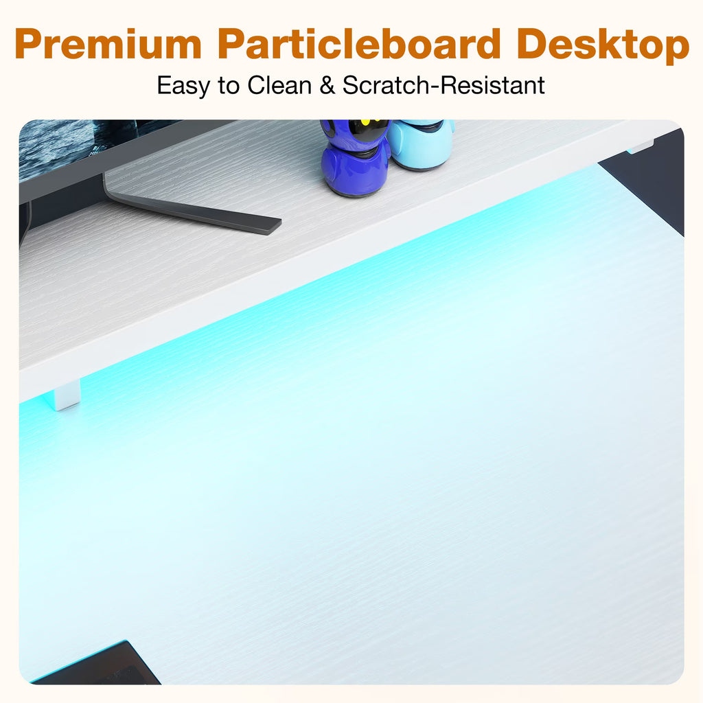48 Inch Computer Desk with Monitor Stand & LED Lights, Home Office Desk with Adjustable Storage Shelf & CPU Stand, White