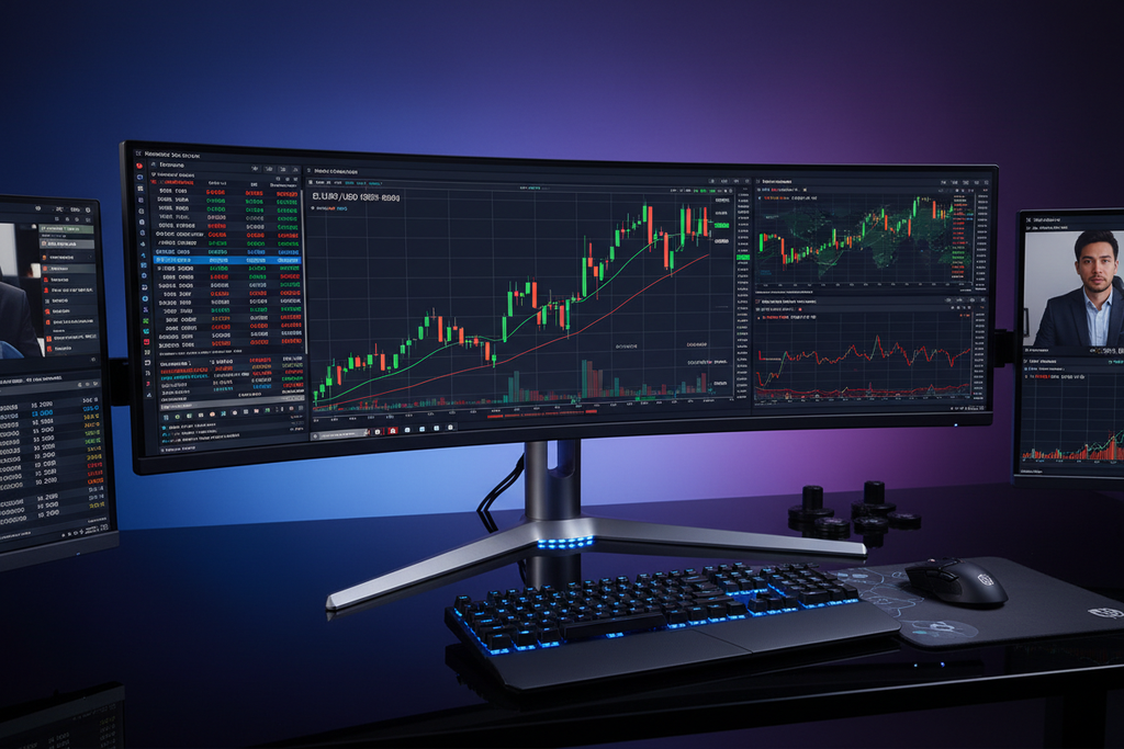 ViewSonic VG3456C ultrawide monitor with forex trading charts