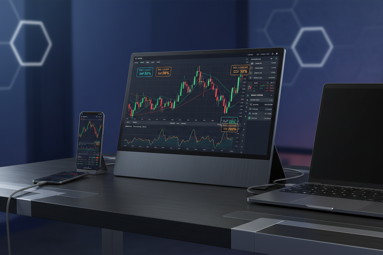 Touch portable monitor with forex trading app on screen
